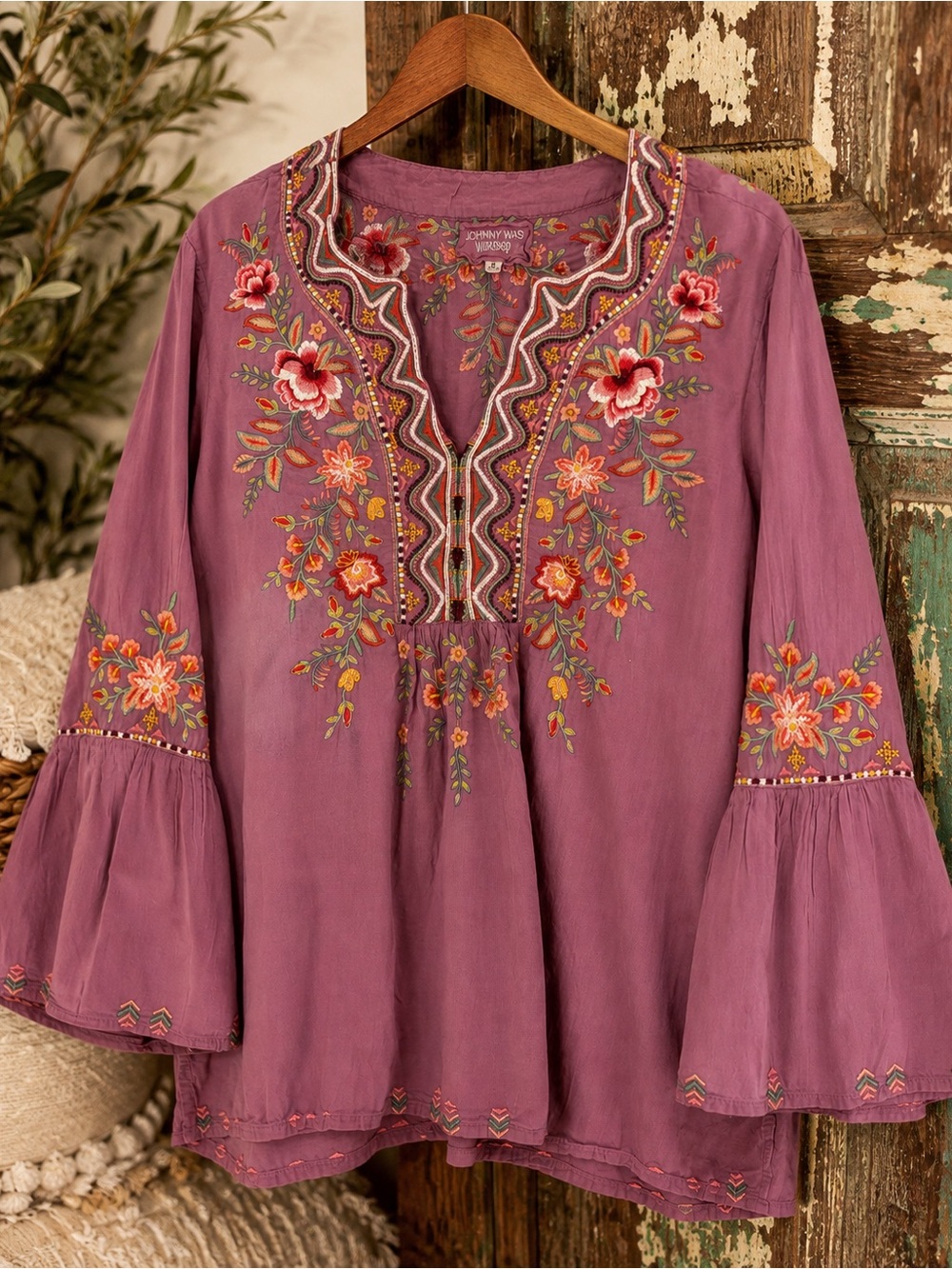 Johnny Was Workshop Embroidered Floral Boho Tunic Top Small Bell Sleeve